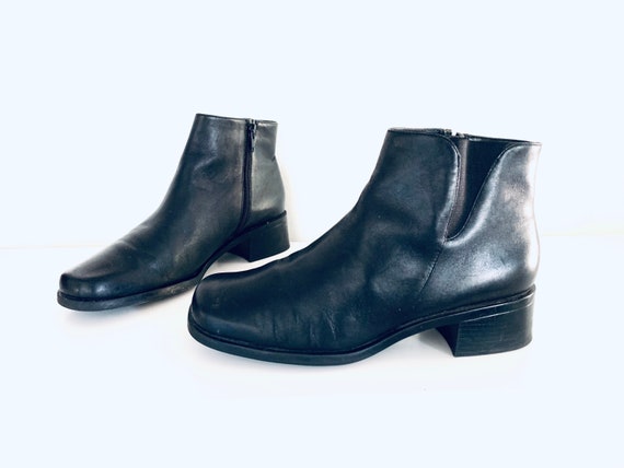 90s Black Leather Ankle Boots Chunky Heels by Part