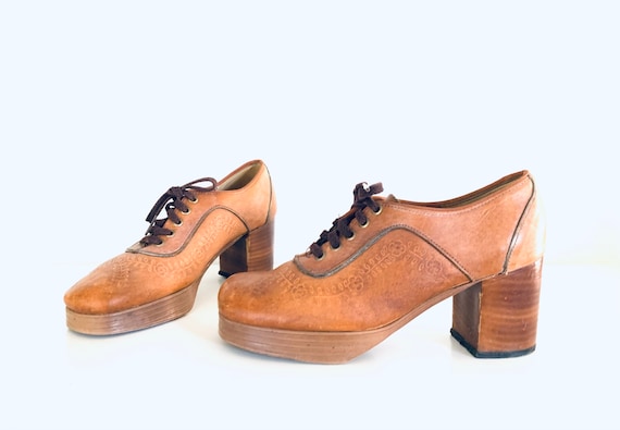 70s Platforms Leather Loafers Tan Tooled by Orchid