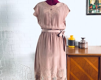 70s Dress Battenberg Lace Rayon Mocha Brown size S M