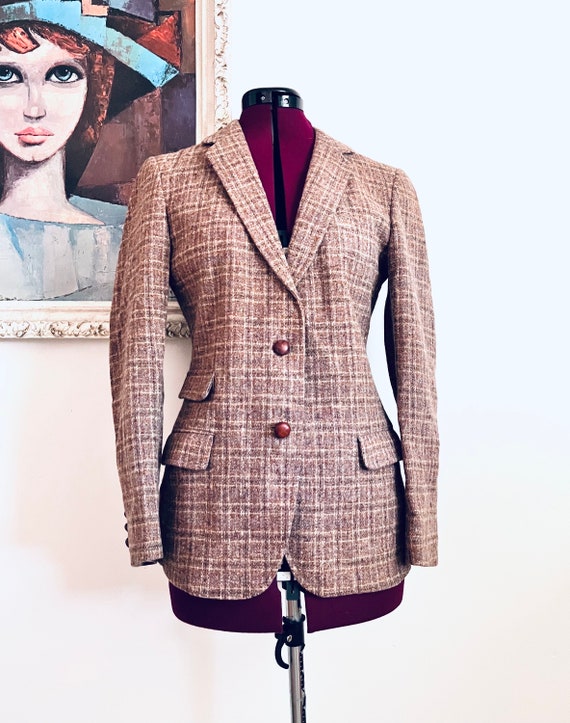 70s Blazer Tweed Welsh Wool Jacket Wood Buttons ma