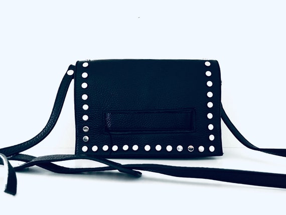 90s Black Studded Leather Crossbody Purse made in… - image 2