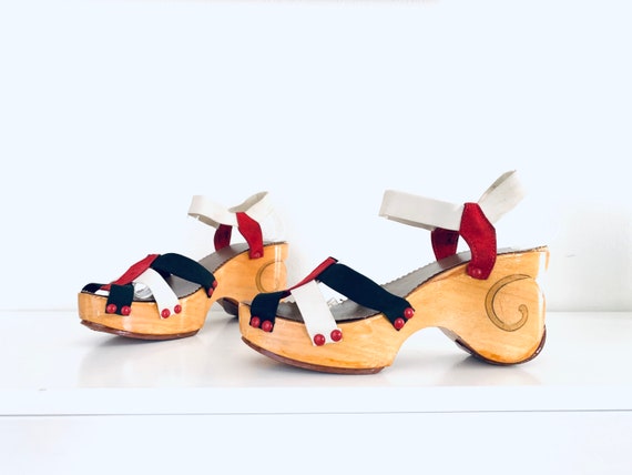 40s Platforms Clog Sandals Wood Heels Ankle Straps