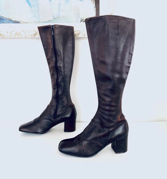 60s Boots Leather Knee High Go-Go Boots Chunky Hee