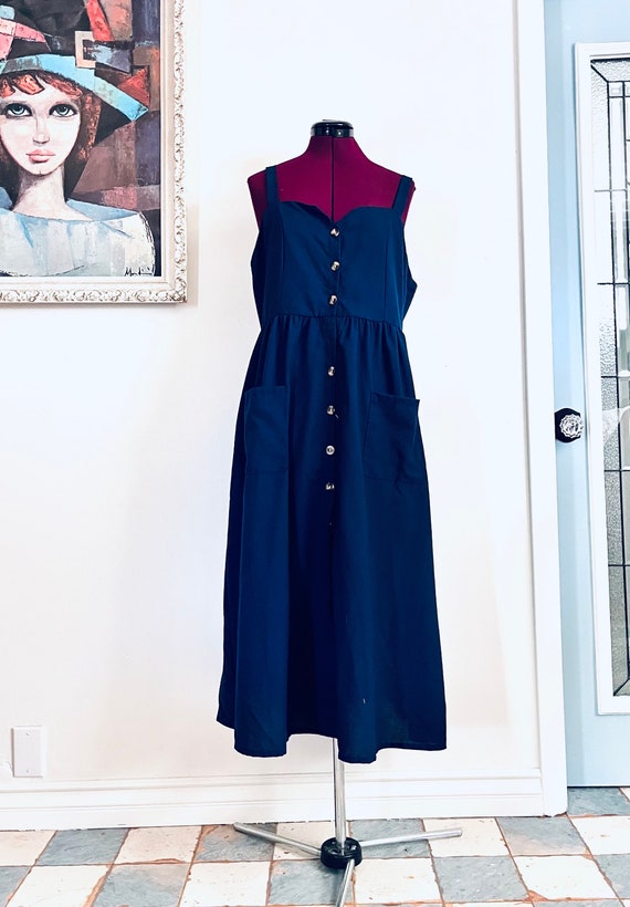 70s Blue Pinafore Dress w/ Pockets size XL