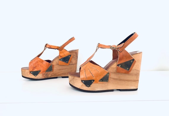 70s Platforms Clog Sandals Leather T-Strap Sandals