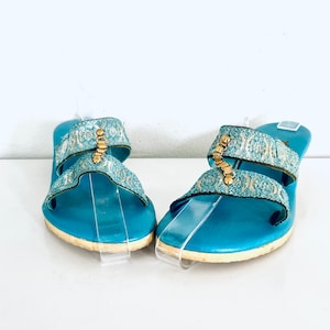 60s Blue Sandals Wood Wedge Heel Leather made in Hawaii by Island Slipper size 6 M 36 image 5