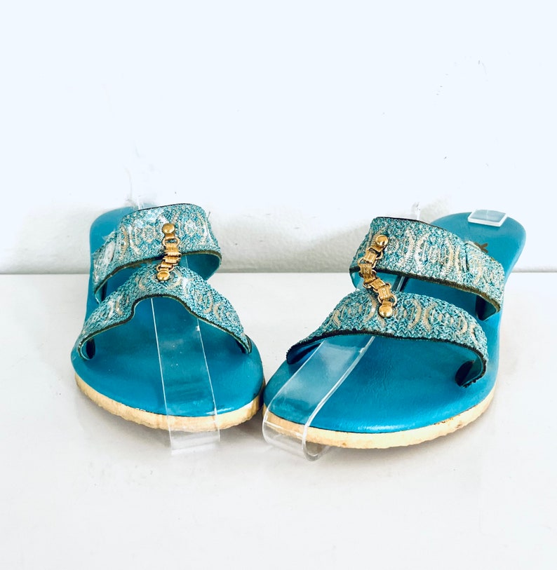 60s Blue Sandals Wood Wedge Heel Leather made in Hawaii by Island Slipper size 6 M 36 image 5