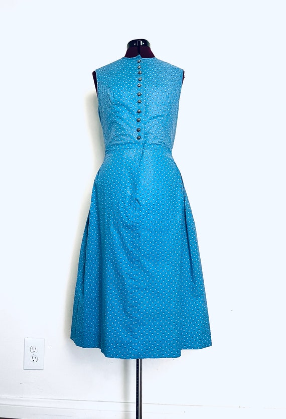 Antique German Pinafore Dress Blue Calico Print C… - image 1