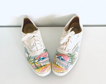 60s Sneakers Tennis Shoes Island Scene made one Korea by Keds size 6 36