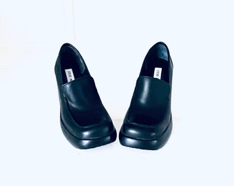 90s Platforms Black Chunky Heels Shoes UNUSED made in Brazil by Steve Madden size 7 37 38