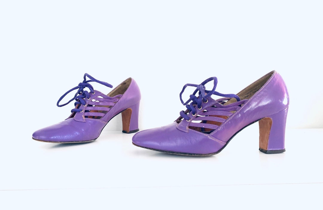 60s Purple Mod Shoes Cut Outs Leather Lace up Mary Jane's - Etsy