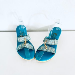 60s Blue Sandals Wood Wedge Heel Leather made in Hawaii by Island Slipper size 6 M 36 image 4