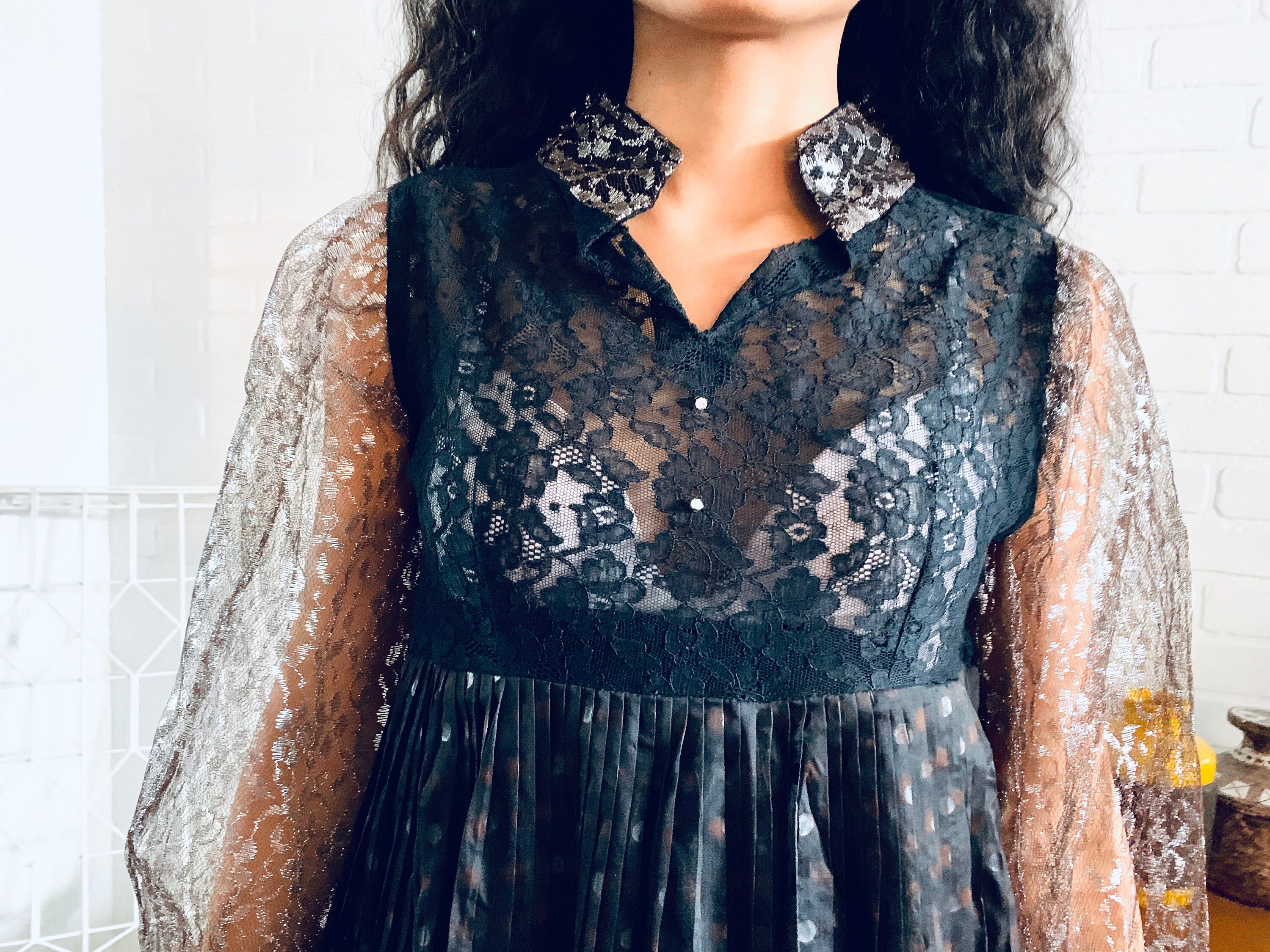 60s Babydoll Dress Black Silver Lace Dress Size S 60s Babydoll Dress Black Silver Lace Dress Size S