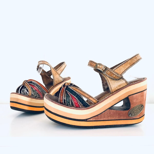 Années 70, sandales compensées en bois, talons découpés, cuir fabriquées au Brésil par Buskens, taille 7,5 7 1/2 8 m 38 39