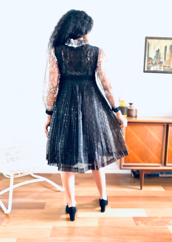 60s Babydoll Dress Black Silver Lace Dress Size S - image 7