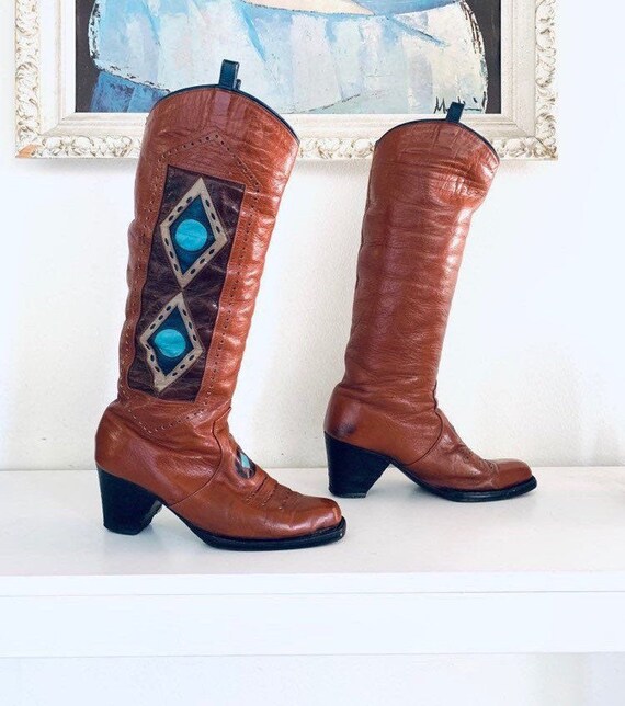60s Leather Western Boots Knee High 