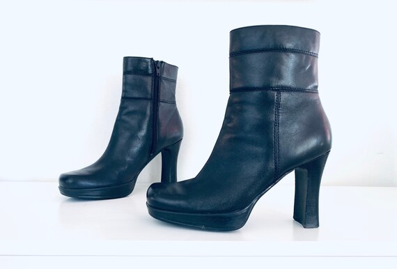 90s Black Platform Ankle Boots Leather Chunky Heel