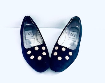 90s Black Suede Leather Shoes Flats Hand Made in Italy by Joan & David Couture size 7 M 37 38