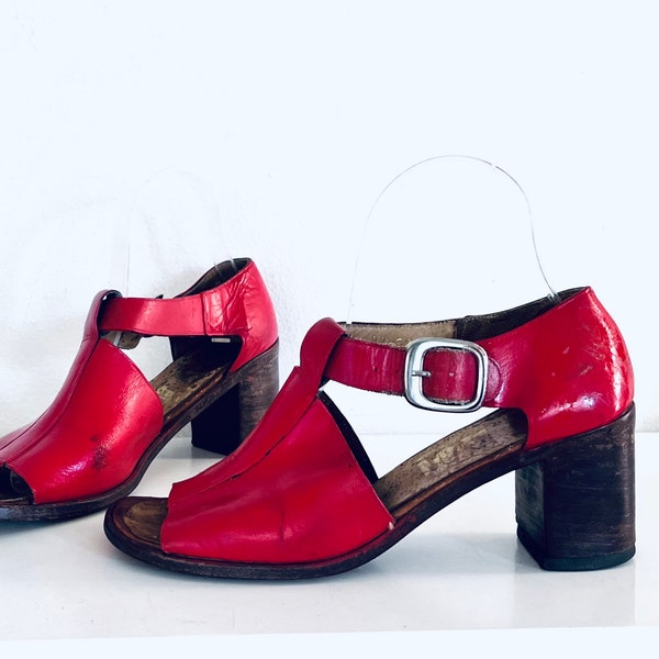 60s Red Sandals Cut Outs Chunky Heel made in Brazil by Lilia size 7.5 7 1/2 M 37.5 38.5