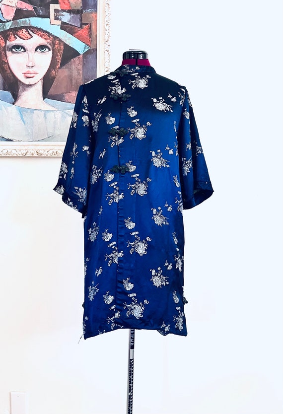 60s Kimono Robe Blue Satin Damask Rayon size S M L