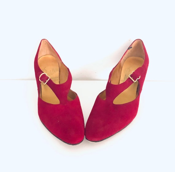 30s Red Heels Cut Outs Suede Leather Pumps Made in US… Gem