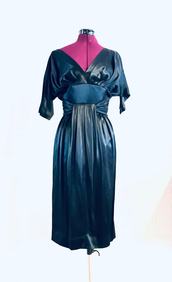 50s Black Liquid Satin Silk Dress by Suzy Parette… - image 2