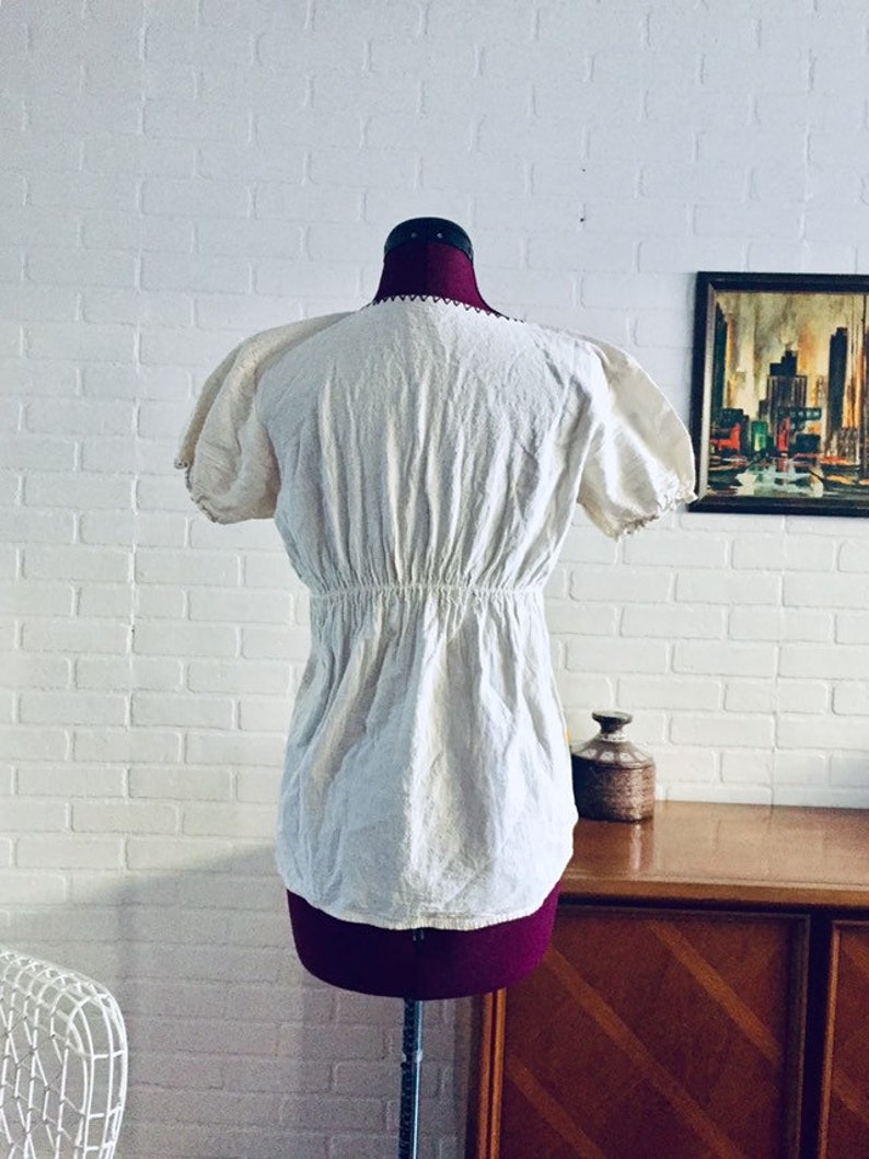 60s Gauze Embroidered Top Blouse Cream Short Sleeves XS S Boho