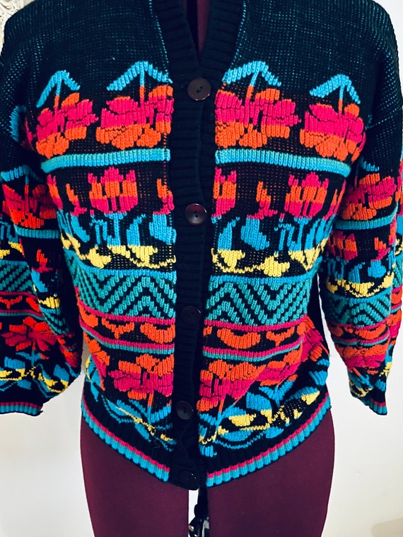 80s Colorful Cardigan Sweater Long Sleeve S - image 3