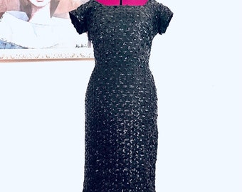 50s Dress Black Sequins Sheath made in US by Femme Fashions size S