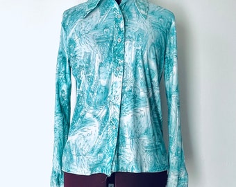 70s Turquoise Toile Print Blouse Button Up Top Shirt Novelty Size M L