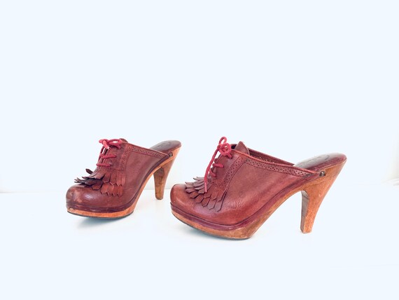 70s Platform Clogs Heels Leather Closed Toe Mules