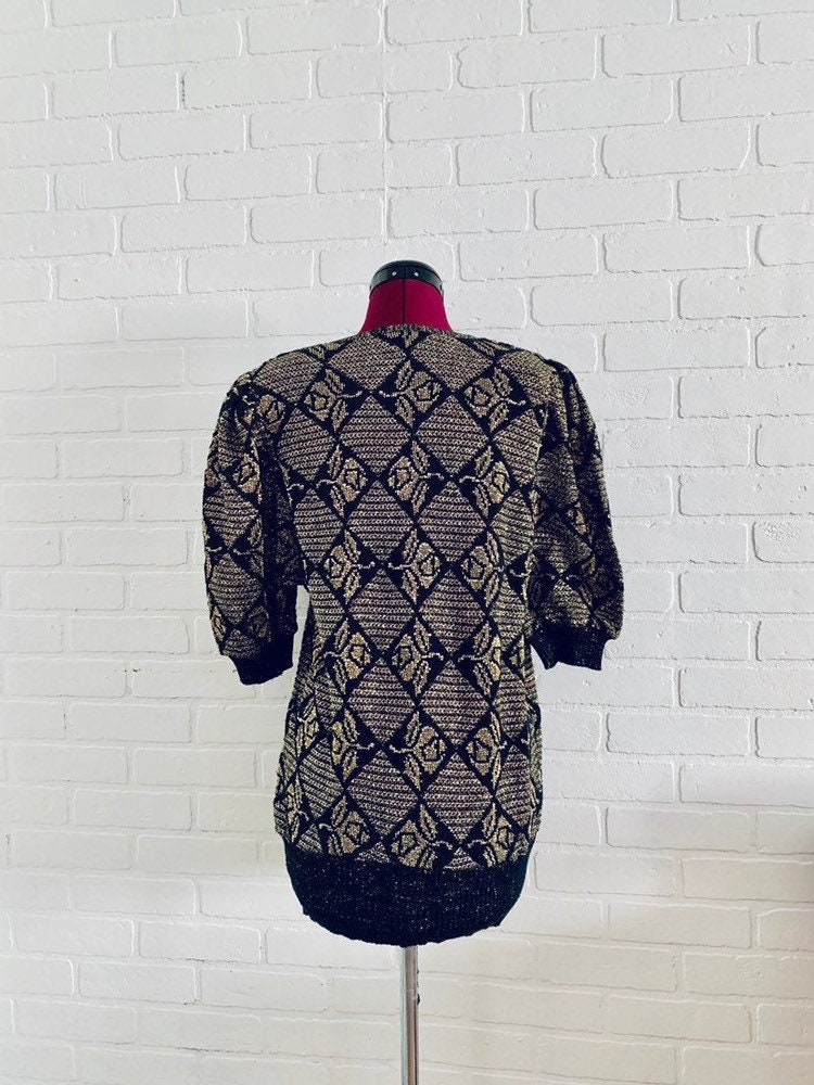 70s Black Sweater Top Gold Metallic Rose Print Top by Beatriz | Etsy