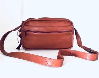 90s Tan Leather Shoulder Bag Crossbody Purse made in US by Napoleon Alexander