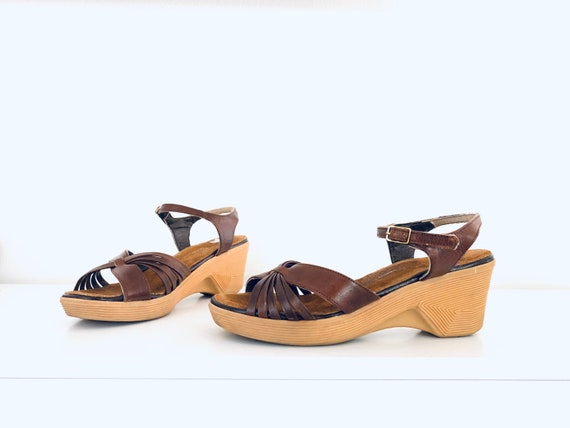 70s Leather Sandals Ankle Strap Platform Wedge Hee