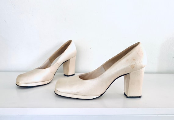 70s Platform Mary Janes Cream Silk Shoes by Natur… - image 1