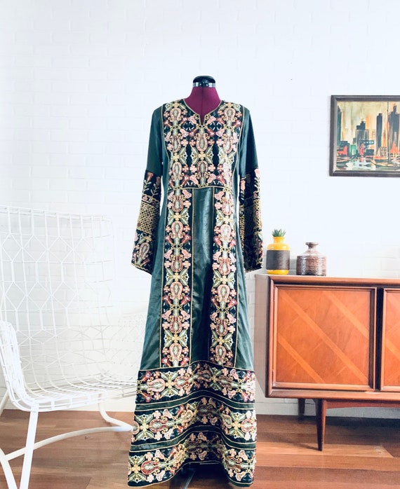60s Green Silk Kaftan Embroidered Beaded Maxi Dres