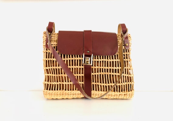 70s Wicker Purse Shoulder Bag Oxblood Leather Bag