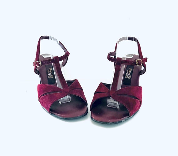 70s Burgundy Red Suede T-Strap Sandals Heels by H… - image 4