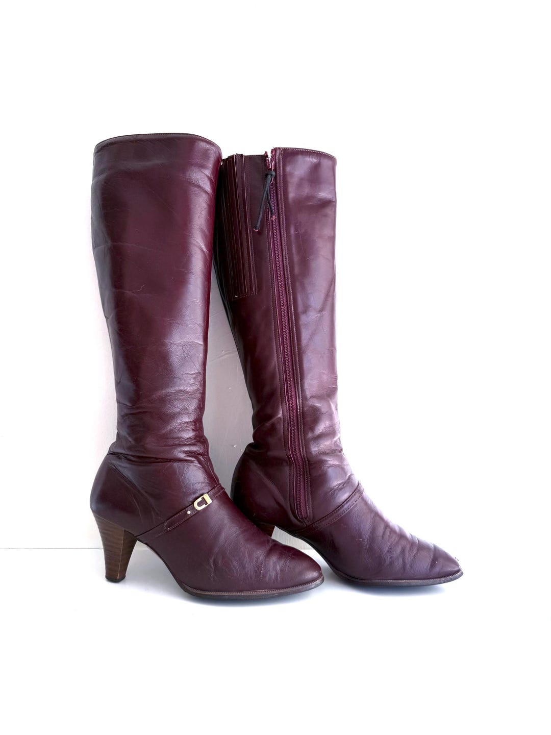70s Knee High Boots Oxblood Leather Wood Heels Size 6 W by Cobbies - Etsy