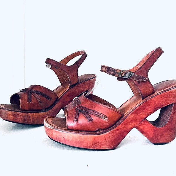 70s Leather Clog Platform Sandals Wood Sandals Cut Out Heels  made in Brazil by Hush Puppies