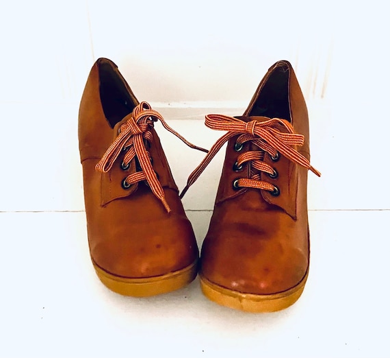 70s Platform Wedge Loafers Shoes Leather Lace Up … - image 1