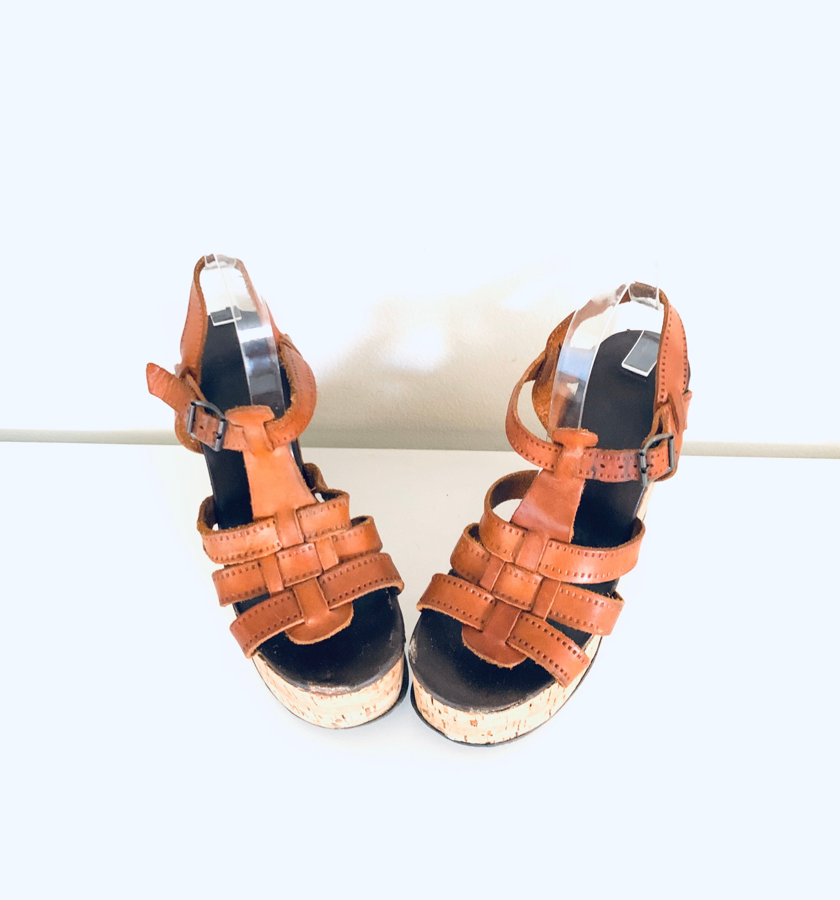 70s Leather Platforms Wedge Sandals Cork Heels Ankle Straps | Etsy