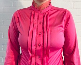 70s Pink Ruffled Blouse Lace Button Up Shirt Top XS S
