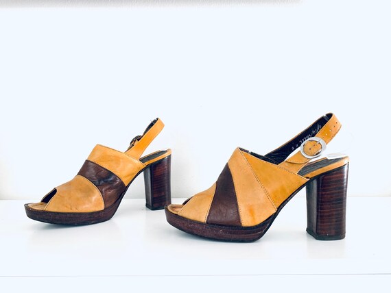 70s Platforms Colorblock Leather Heels 8 M 38 39