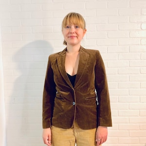 Blazer de veludo dos anos 70 com botões e jaqueta feminina tamanho S, fabricado no Japão pela Rue Ste Honore