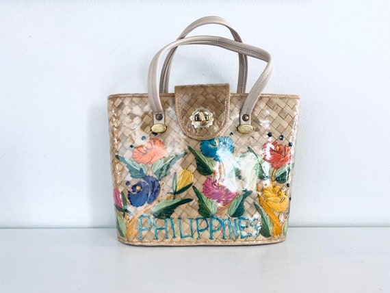 60s Wicker Bag Colorful Raffia Flowers made in the