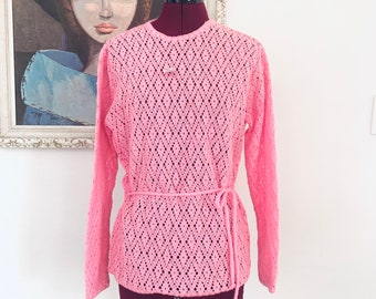 60s Pink Crochet Sweater Top Size L XL