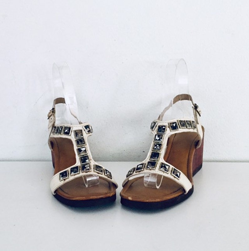 60s White Leather Sandals Jewels Wedge Heel Size 7 37 Etsy