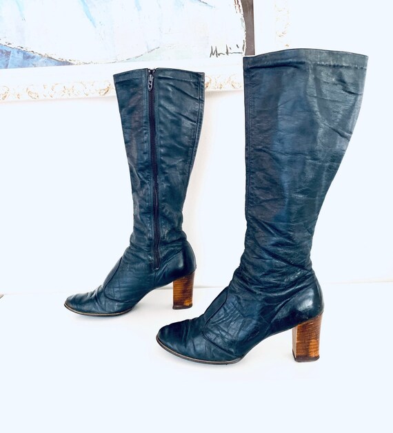 60s Boots Blue Leather Knee High Go-Go Boots Chunk