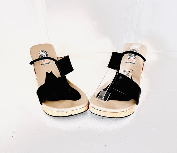 90s Platform Clog Sandals Cut Out Heel Black Leat… - image 1